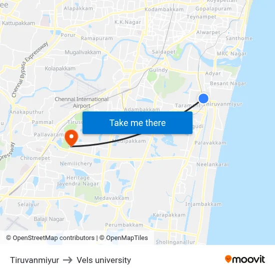Tiruvanmiyur to Vels university map