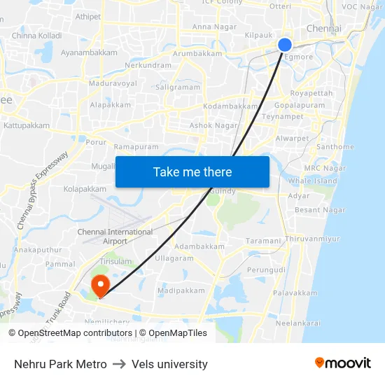 Nehru Park Metro to Vels university map