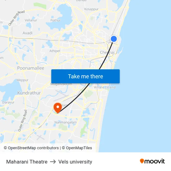 Maharani Theatre to Vels university map