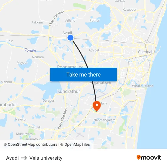 Avadi to Vels university map