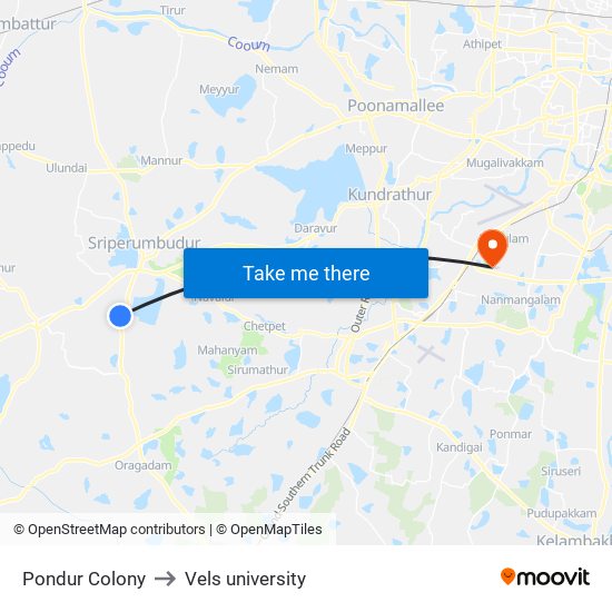 Pondur Colony to Vels university map