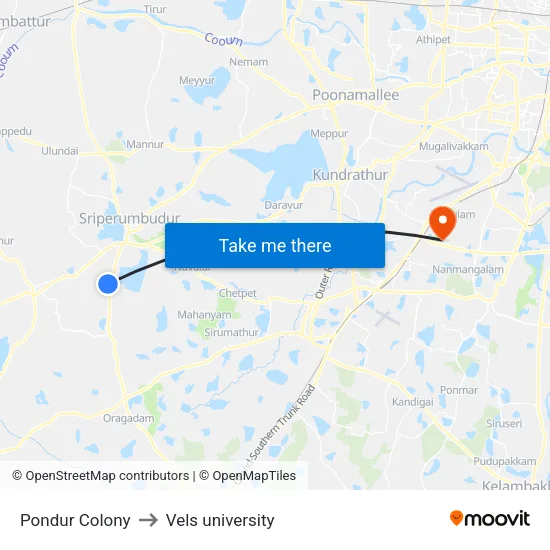 Pondur Colony to Vels university map