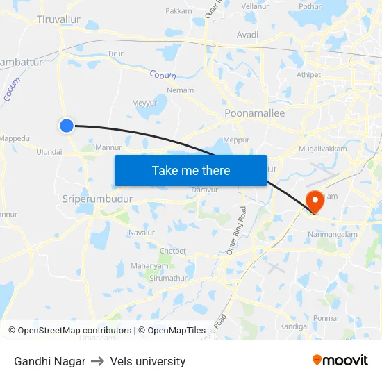 Gandhi Nagar to Vels university map