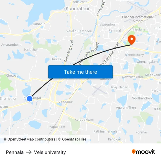 Pennala to Vels university map