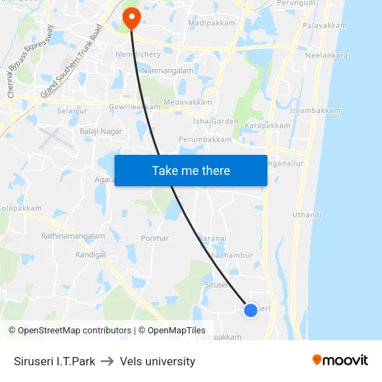 Siruseri I.T.Park to Vels university map