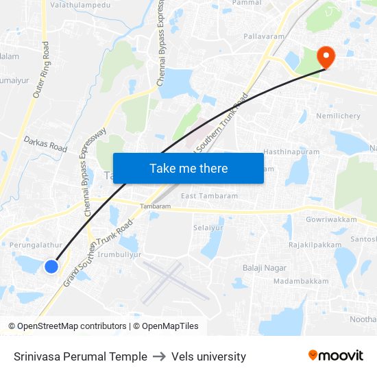 Srinivasa Perumal Temple to Vels university map