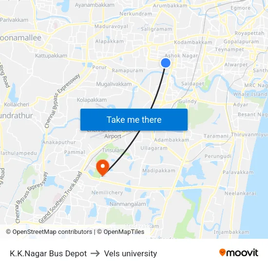 K.K.Nagar Bus Depot to Vels university map