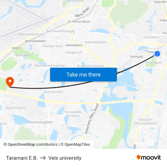 Taramani E.B. to Vels university map