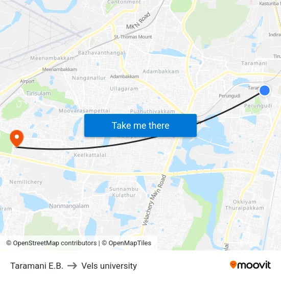Taramani E.B. to Vels university map