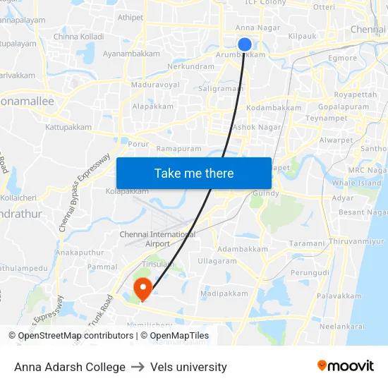 Anna Adarsh College to Vels university map