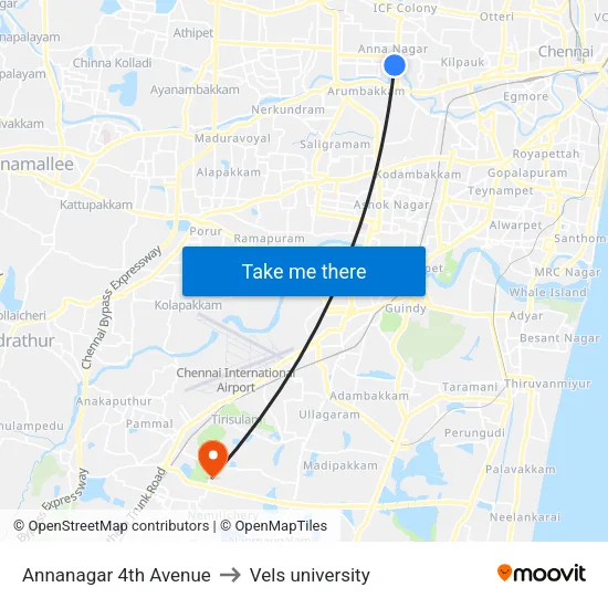 Annanagar 4th Avenue to Vels university map
