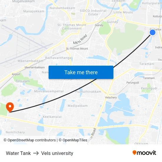 Water Tank to Vels university map