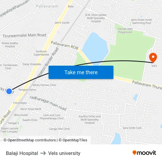 Balaji Hospital to Vels university map