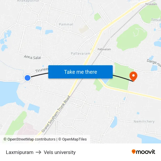 Laxmipuram to Vels university map