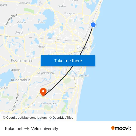 Kaladipet to Vels university map