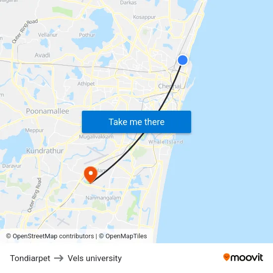 Tondiarpet to Vels university map