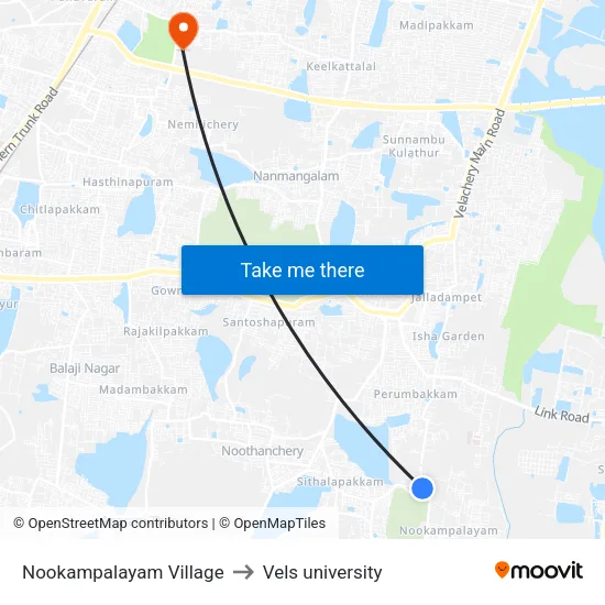 Nookampalayam Village to Vels university map