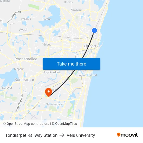 Tondiarpet Railway Station to Vels university map