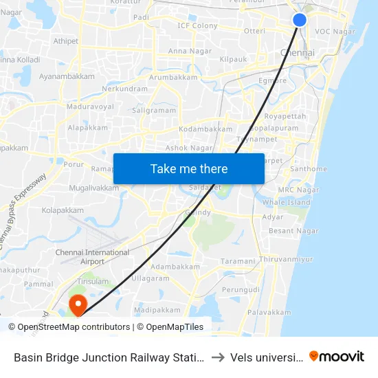 Basin Bridge Junction Railway Station to Vels university map