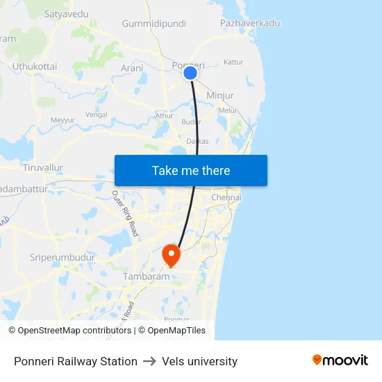 Ponneri Railway Station to Vels university map