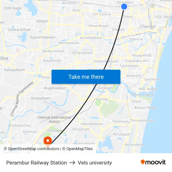 Perambur Railway Station to Vels university map