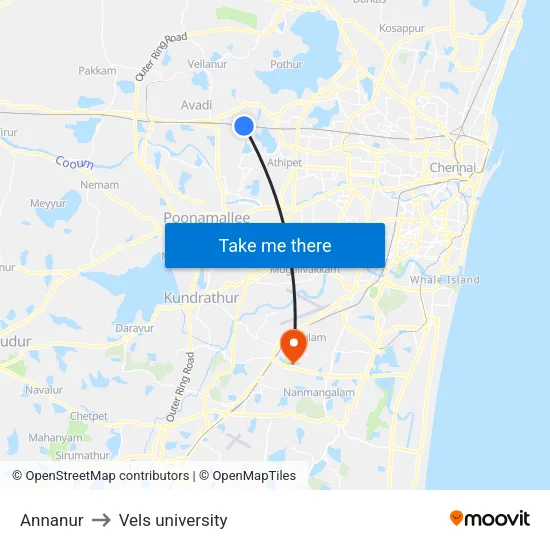 Annanur to Vels university map