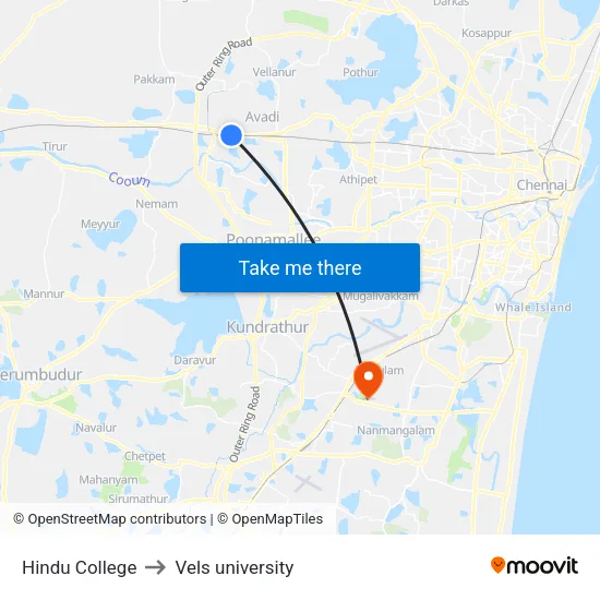 Hindu College to Vels university map