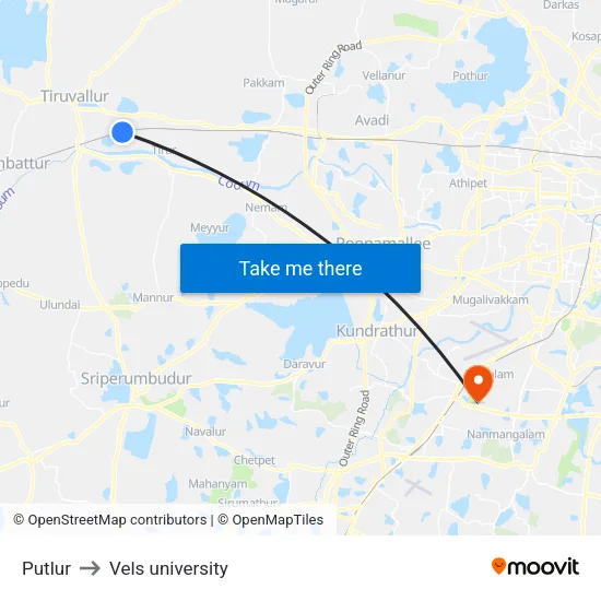 Putlur to Vels university map