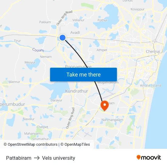 Pattabiram to Vels university map