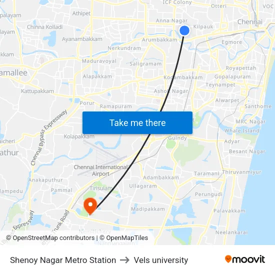 Shenoy Nagar Metro Station to Vels university map