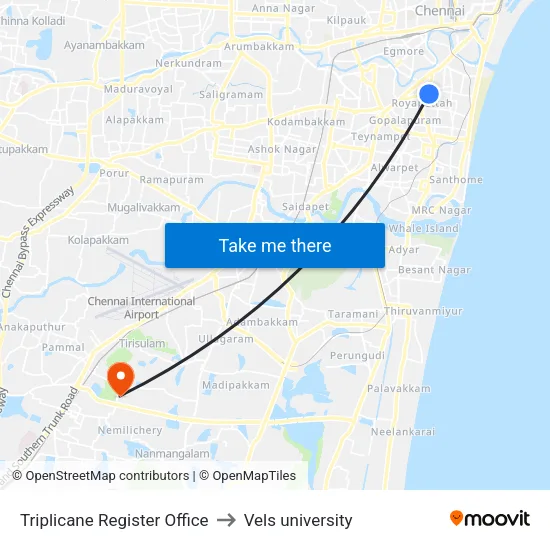 Triplicane Register Office to Vels university map