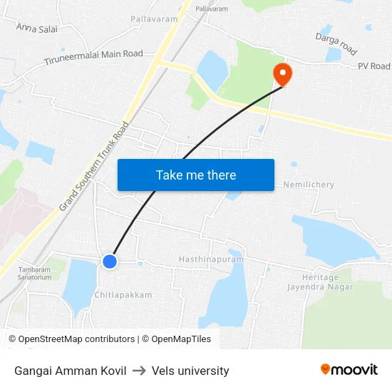 Gangai Amman Kovil to Vels university map