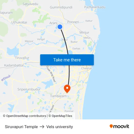 Siruvapuri Temple to Vels university map