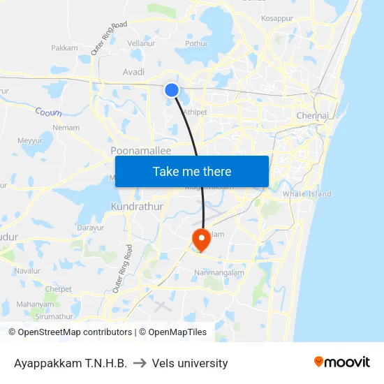 Ayappakkam T.N.H.B. to Vels university map