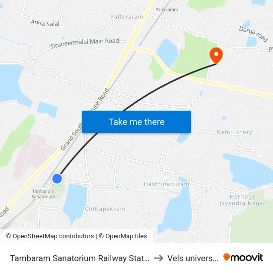 Tambaram Sanatorium Railway Station to Vels university map