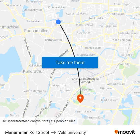 Mariamman Koil Street to Vels university map