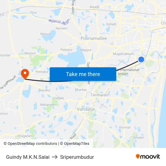 Guindy M.K.N.Salai to Sriperumbudur map