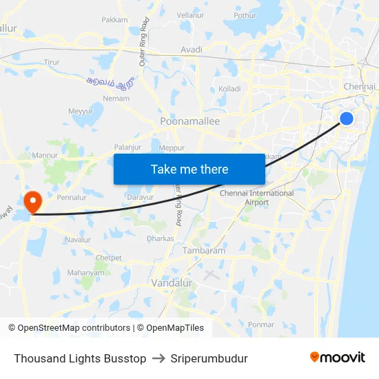 Thousand Lights Busstop to Sriperumbudur map
