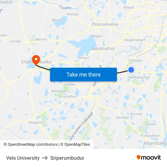 Vels University to Sriperumbudur map