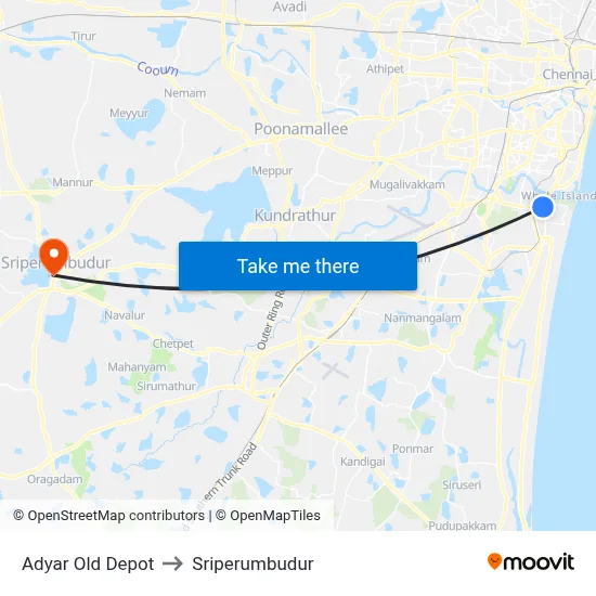 Adyar Old Depot to Sriperumbudur map