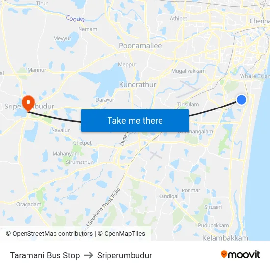 Taramani Bus Stop to Sriperumbudur map