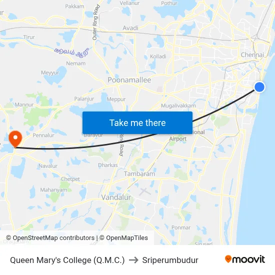 Queen Mary's College (Q.M.C.) to Sriperumbudur map