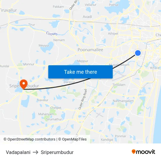 Vadapalani to Sriperumbudur map