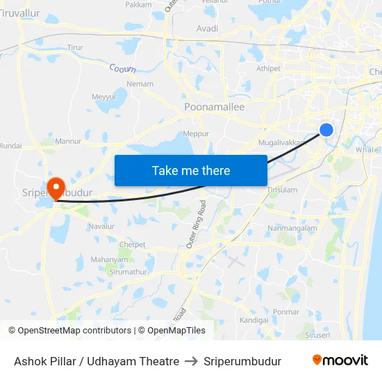 Ashok Pillar / Udhayam Theatre to Sriperumbudur map
