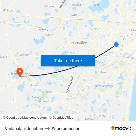 Vadapalani Junction to Sriperumbudur map
