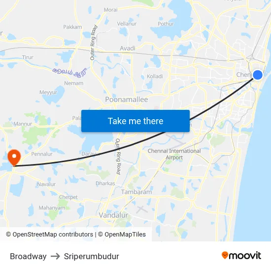 Broadway to Sriperumbudur map