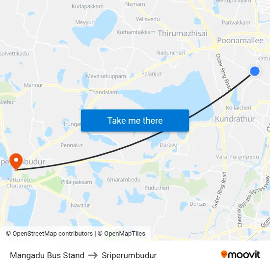 Mangadu Bus Stand to Sriperumbudur map