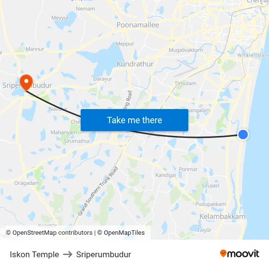 Iskon Temple to Sriperumbudur map