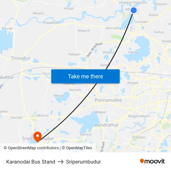 Karanodai Bus Stand to Sriperumbudur map