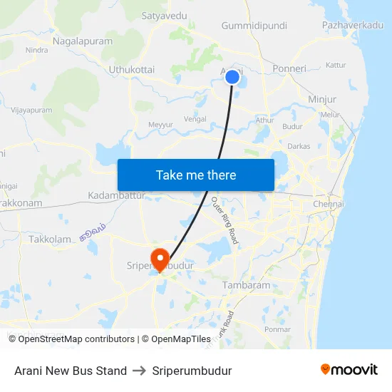 Arani New Bus Stand to Sriperumbudur map